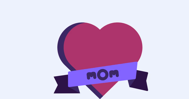 Ilustração de coração magenta com faixa roxa atravessada trazendo a palavra mom, sobre fundo azul claro