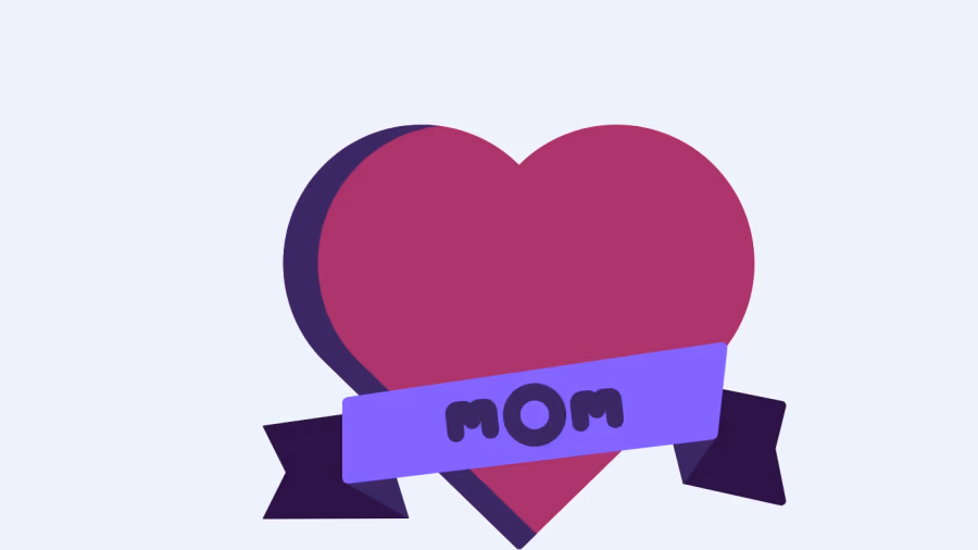 Ilustração de coração magenta com faixa roxa atravessada trazendo a palavra mom, sobre fundo azul claro