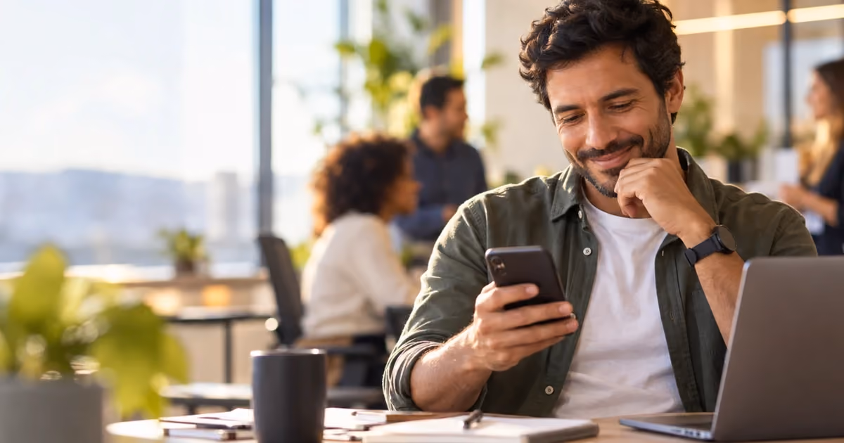 Foto de homem sorrindo enquanto olha o celular, sentado a uma mesa de escritório com notebook, com colegas ao fundo