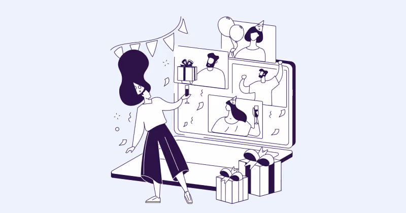 Ilustração em traço de mulher diante de monitor com videochamada de colegas segurando presentes, sob bandeirolas de festa