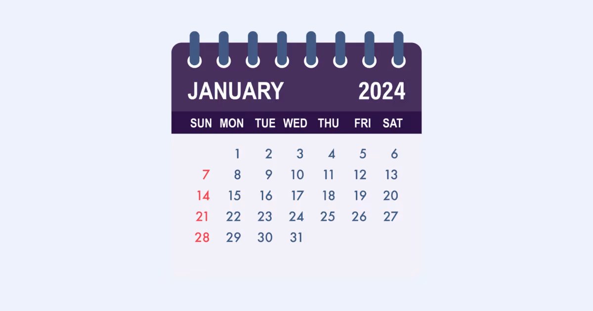 Ilustração de folha de calendário de janeiro de 2024 com cabeçalho roxo e domingos destacados em vermelho