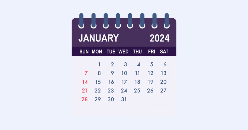 Ilustração de folha de calendário de janeiro de 2024 com cabeçalho roxo e domingos destacados em vermelho