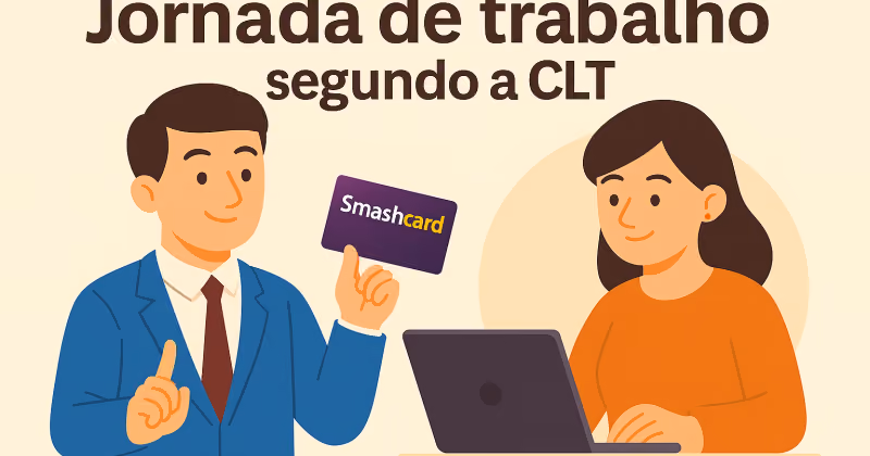 Ilustração de homem de terno azul erguendo o dedo e um cartão Smashcard ao lado de colega de blusa laranja usando notebook