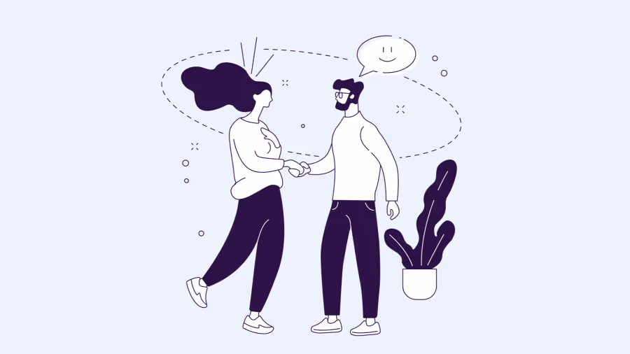 Ilustração de duas pessoas se cumprimentando com aperto de mão ao lado de um vaso de planta, com balão de fala acima