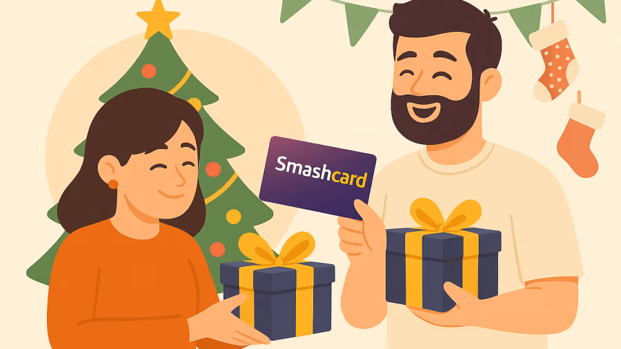 Ilustração de mulher e homem segurando caixas de presente diante de uma árvore de Natal, com um cartão roxo escrito Smashcard