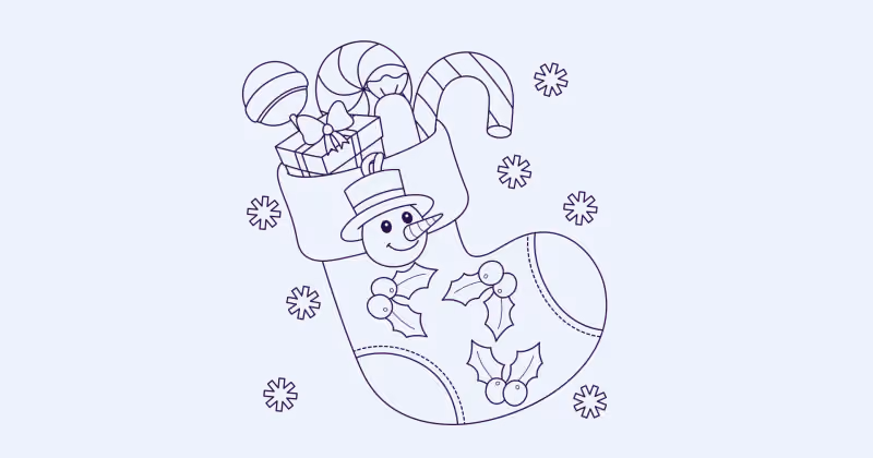 Ilustração em traço de uma meia de Natal com rosto de boneco de neve, cheia de doces e presentes, entre flocos de neve