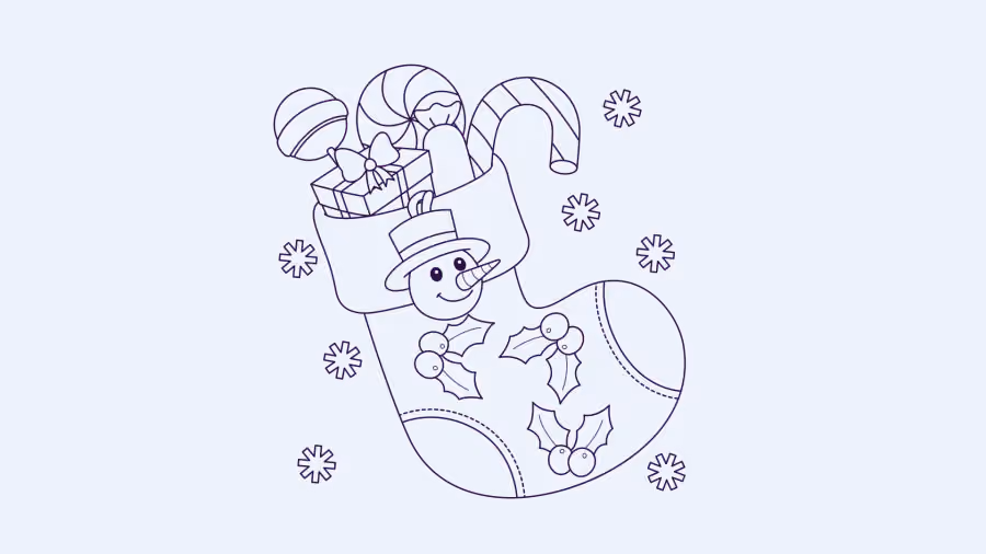 Ilustração em traço de uma meia de Natal com rosto de boneco de neve, cheia de doces e presentes, entre flocos de neve