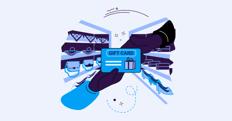 Ilustração de mão segurando um cartão azul com os dizeres GIFT CARD diante de prateleiras de uma loja de roupas