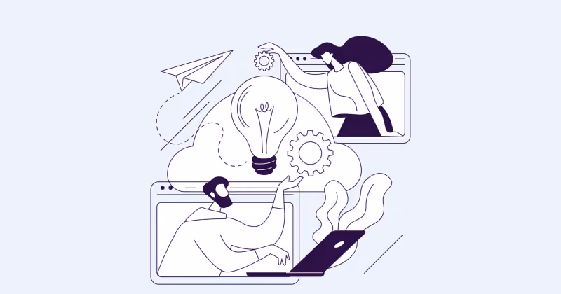 Ilustração de duas pessoas em janelas de navegador ligadas por uma nuvem com lâmpada e engrenagem, com avião de papel ao lado