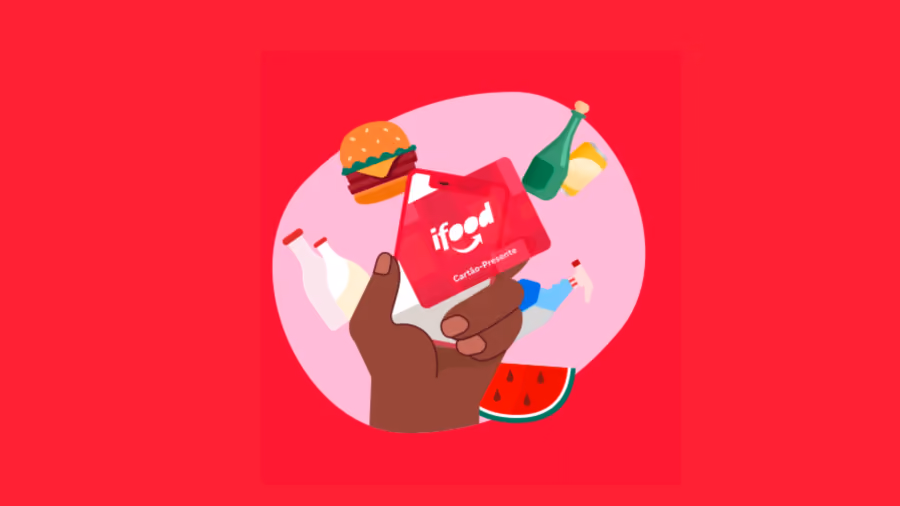 Ilustração de mão segurando um cartão vermelho do iFood cercado por hambúrguer, garrafas e melancia em fundo vermelho