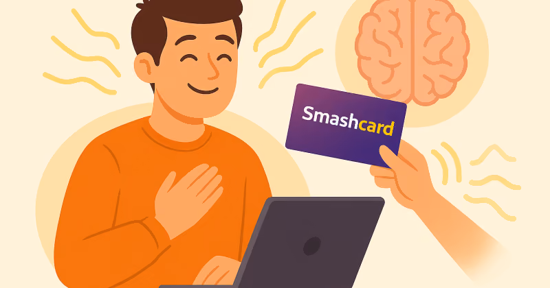 Ilustração de homem sorrindo diante de um laptop ao receber um cartão roxo Smashcard, com um cérebro desenhado ao lado
