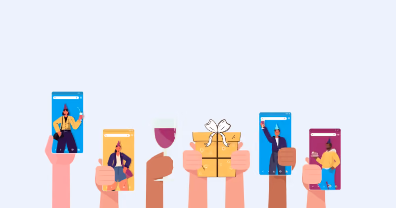 Ilustração de várias mãos erguidas segurando celulares com pessoas festejando, uma taça de vinho e uma caixa de presente