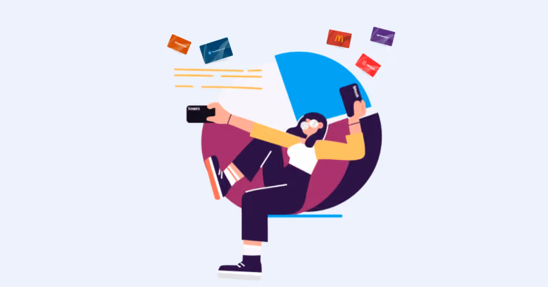 Ilustração de mulher equilibrando dois celulares enquanto cartões presente de marcas flutuam ao seu redor