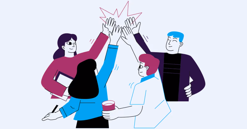 Ilustração de cinco colegas batendo as mãos juntas no alto em sinal de comemoração, um deles com um copo de café