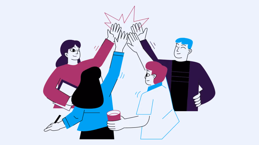 Ilustração de cinco colegas batendo as mãos juntas no alto em sinal de comemoração, um deles com um copo de café