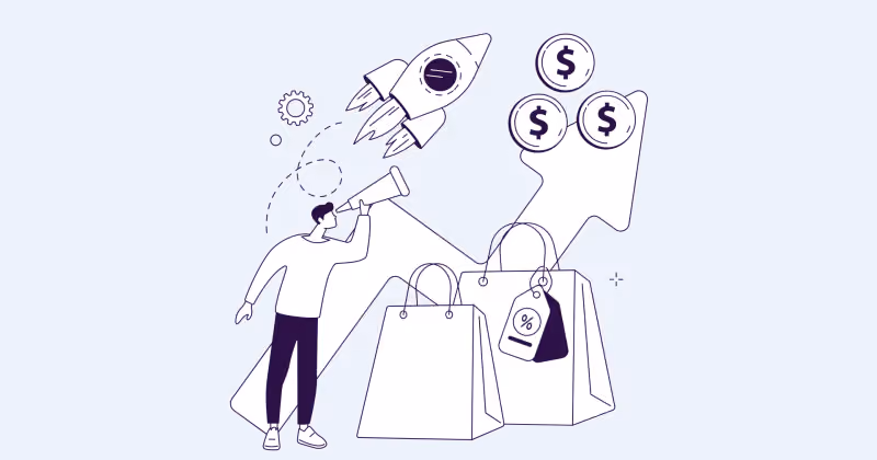 Ilustração de pessoa com megafone ao lado de foguete, moedas de dinheiro e sacolas de compras com etiqueta de desconto