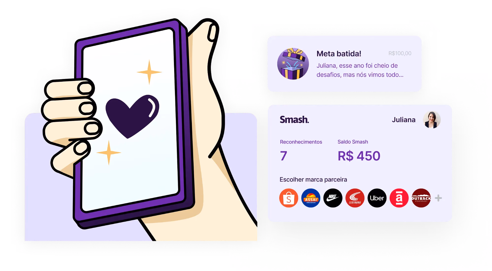 Mão segurando um celular com um coração na tela, ao lado do aviso de meta batida com R$ 100,00 e do painel da Juliana, com 7 reconhecimentos, R$ 450 de saldo e a fileira de marcas parceiras