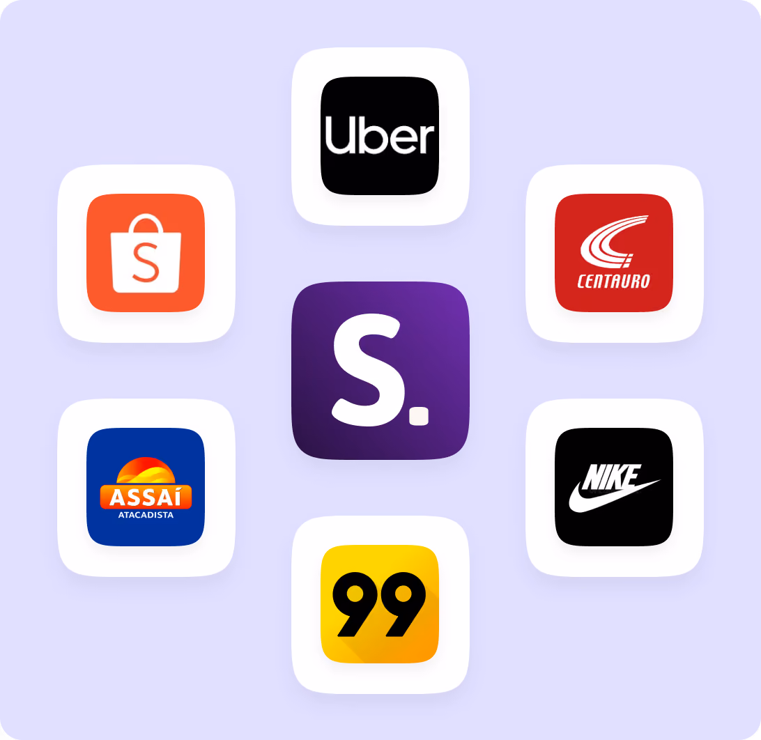 Grade com os aplicativos das marcas parceiras — Uber, Shopee, Assaí, Nike, Centauro e 99 — em volta do ícone da Smash