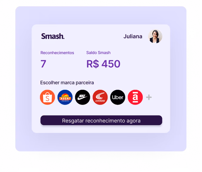 Painel da Juliana com 7 reconhecimentos, R$ 450 de saldo, a fileira de marcas parceiras e o botão de resgatar o reconhecimento