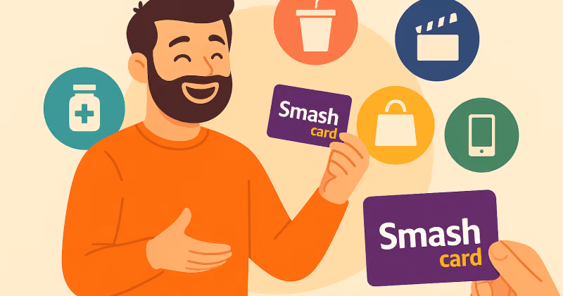 Ilustração de homem sorridente segurando um cartão Smash roxo, cercado por ícones de bebida, cinema, saúde, compras e celular
