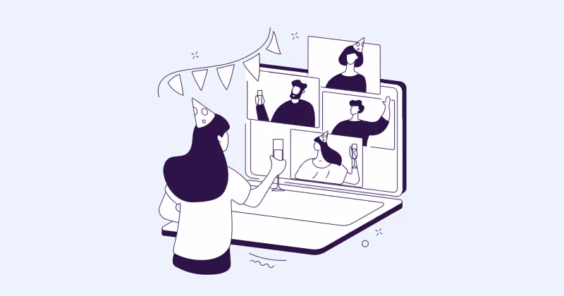 Ilustração de pessoa brindando diante de um notebook com videochamada de três colegas, sob bandeirolas de festa