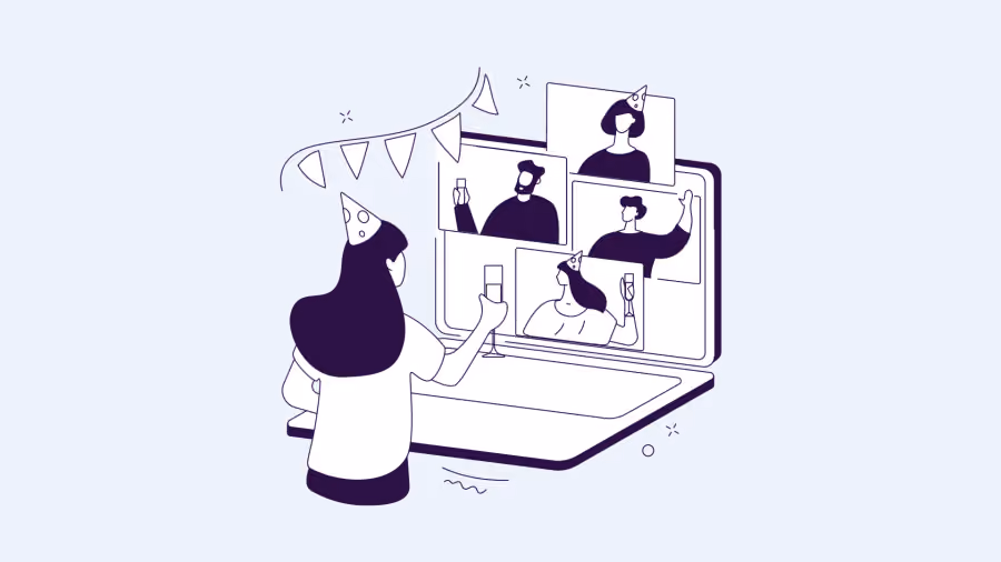 Ilustração de pessoa brindando diante de um notebook com videochamada de três colegas, sob bandeirolas de festa