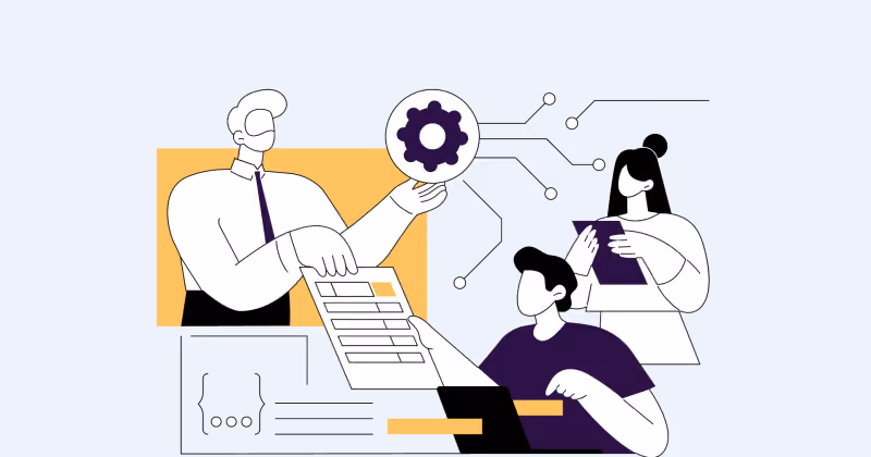 Ilustração de homem em videochamada e duas pessoas analisando documentos, ligados a um ícone de engrenagem