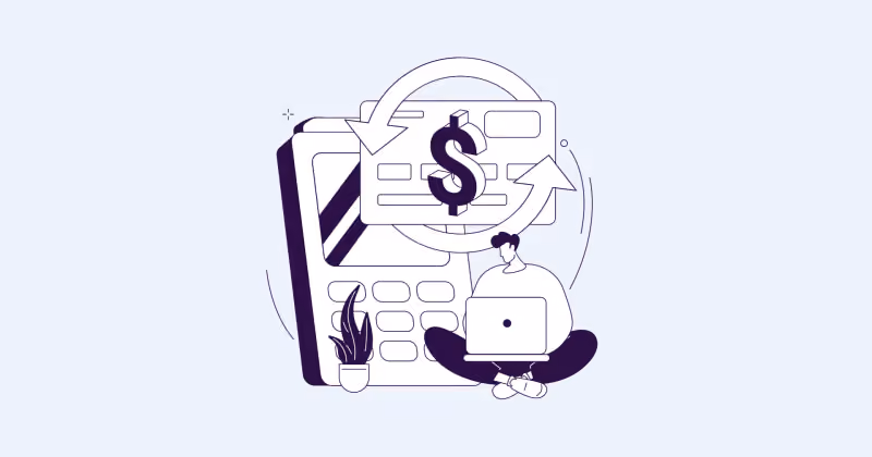 Ilustração de calculadora gigante com símbolo de dinheiro em setas circulares e pessoa pequena usando notebook