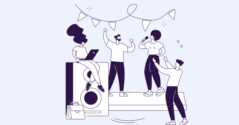 Ilustração de quatro pessoas conversando sobre um palco decorado com bandeirinhas, ao lado de um painel com um círculo escuro