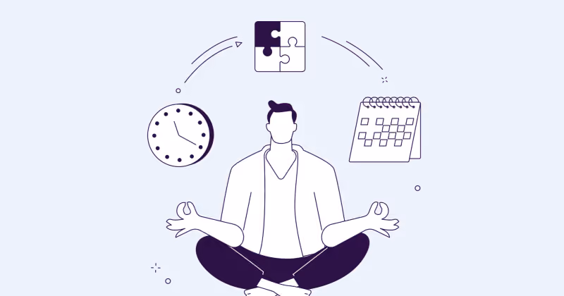 Ilustração de pessoa meditando em posição de lótus, cercada por relógio, calendário e peças de quebra-cabeça encaixadas