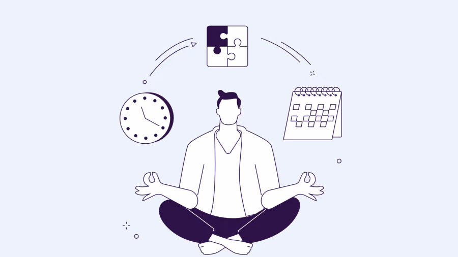 Ilustração de pessoa meditando em posição de lótus, cercada por relógio, calendário e peças de quebra-cabeça encaixadas