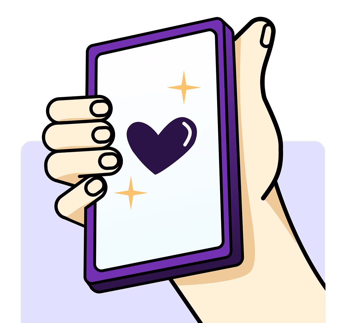 Mão segurando um celular com um coração roxo na tela, cercado de brilhos