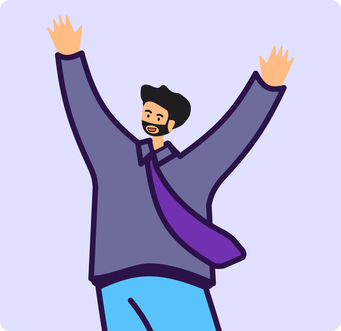 Ilustração de um homem sorrindo com os dois braços erguidos, comemorando