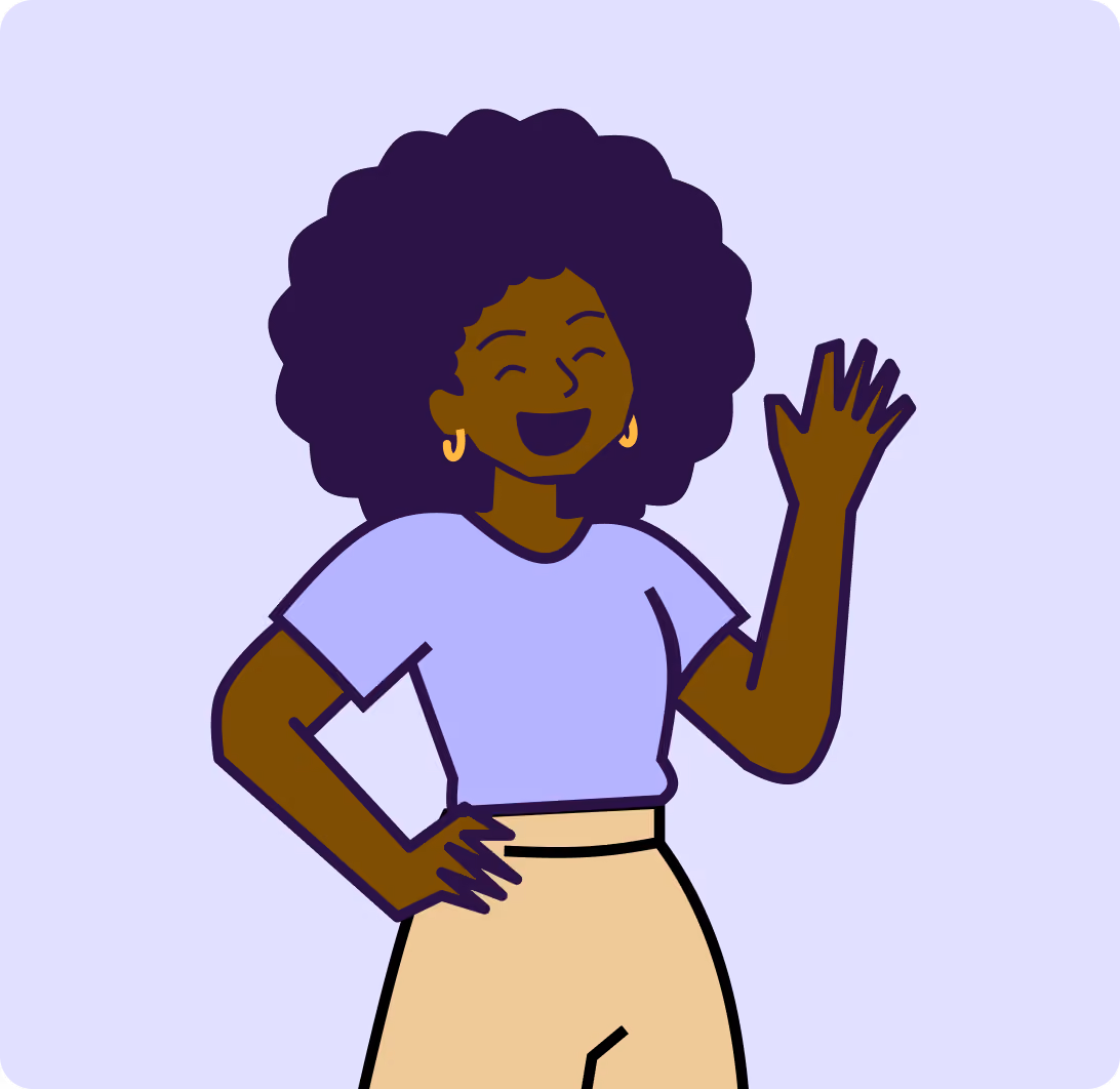 Ilustração de uma mulher sorrindo, com uma das mãos na cintura e a outra erguida acenando