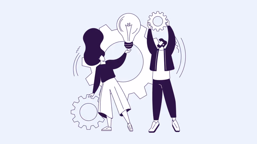 Ilustração de duas pessoas montando engrenagens ao redor de uma lâmpada acesa, sugerindo planejamento e novas ideias