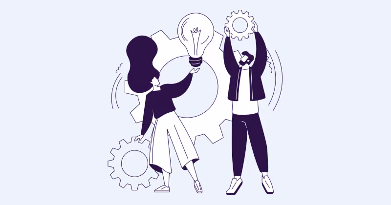 Ilustração de duas pessoas montando engrenagens ao redor de uma lâmpada acesa, sugerindo planejamento e novas ideias