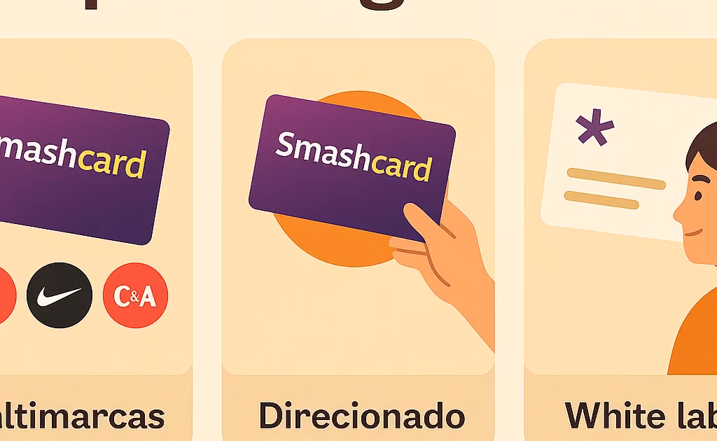 Ilustração com três cartões lado a lado sob o título Tipos de gift card, rotulados multimarcas, direcionado e white label
