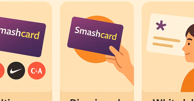 Ilustração com três cartões lado a lado sob o título Tipos de gift card, rotulados multimarcas, direcionado e white label