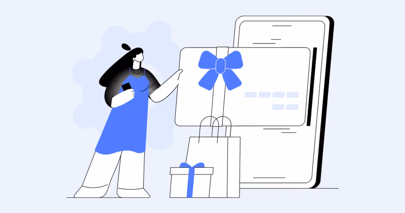 Ilustração de mulher tocando um cartão com laço azul na tela de um celular gigante, ao lado de sacolas e caixa de presente