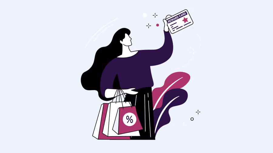 Ilustração de mulher erguendo um voucher com estrela e carregando sacolas de compras, uma delas com símbolo de porcentagem