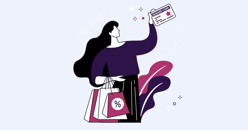 Ilustração de mulher erguendo um voucher com estrela e carregando sacolas de compras, uma delas com símbolo de porcentagem