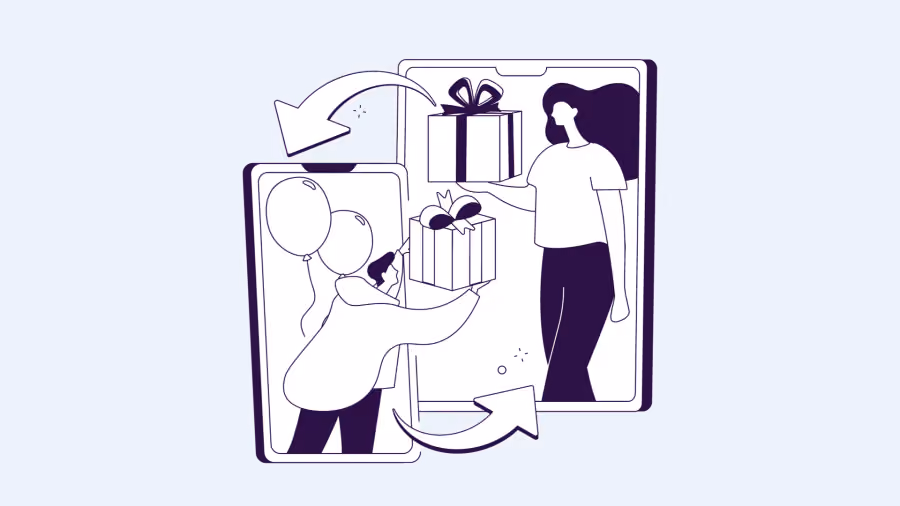 Ilustração de duas pessoas trocando caixas de presente através da tela de um celular gigante, com setas curvas indicando o envio