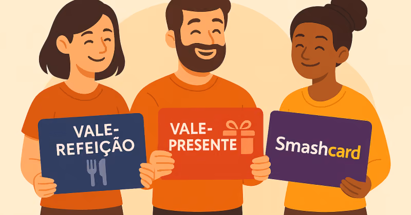 Ilustração de três pessoas sorrindo, cada uma segurando uma placa com os rótulos vale-refeição, vale-presente e Smashcard